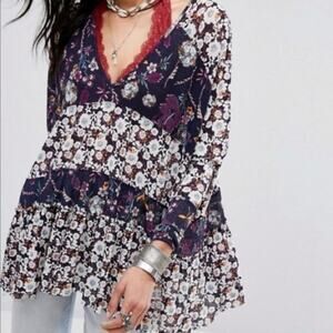 Free People Purple Floral Isabelle Tiered Floral Oversized Tunic Sz XS